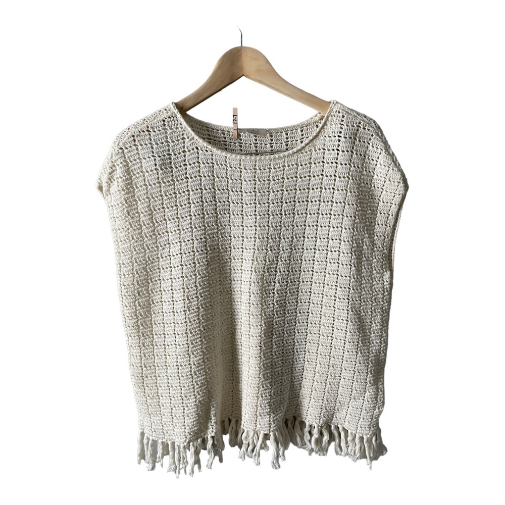 LOFT Open Knit Bohemian Top With Fringe Hem Size Small